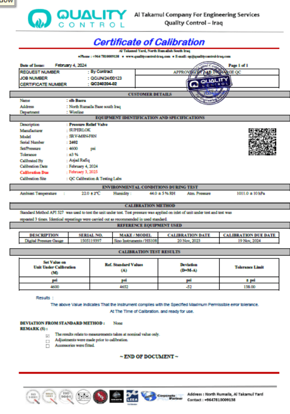 SLB BASRA Wireline Certificate NoQC24020402 Calibration Date 4/Feb