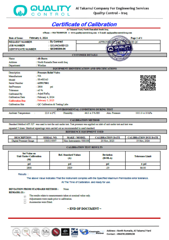 SLB BASRA Wireline Certificate NoQC24020404 Calibration Date 4/Feb